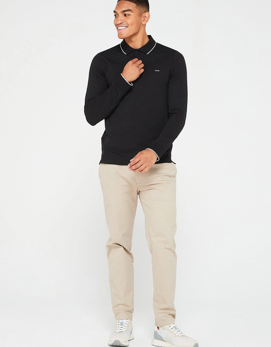 Stretch Pique Tipping Long Sleeve Polo Shirt - Black