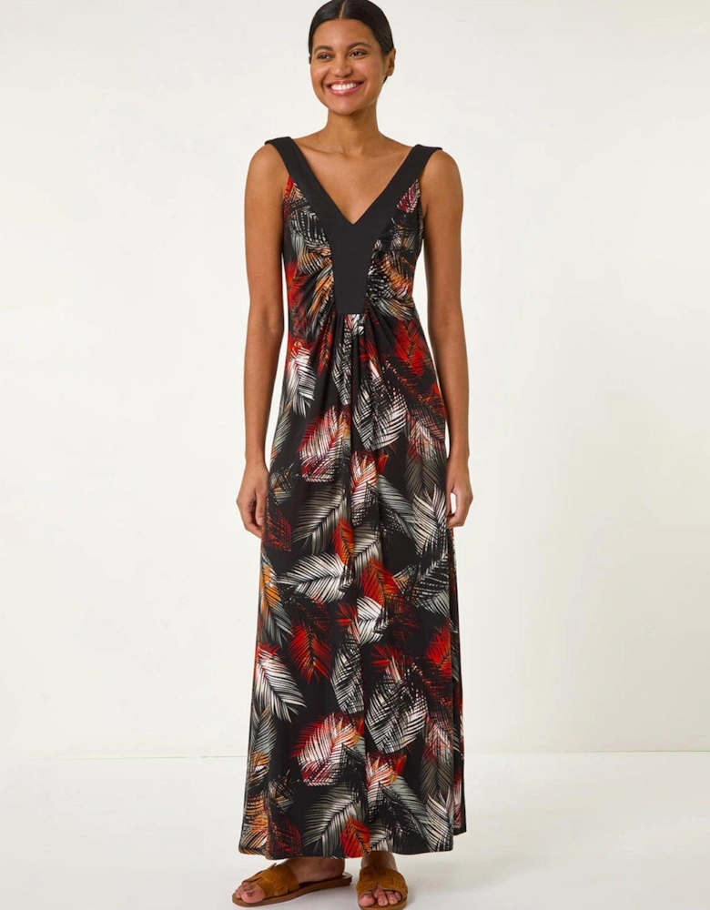 Palm Print Contrast Band Maxi Dress - Orange