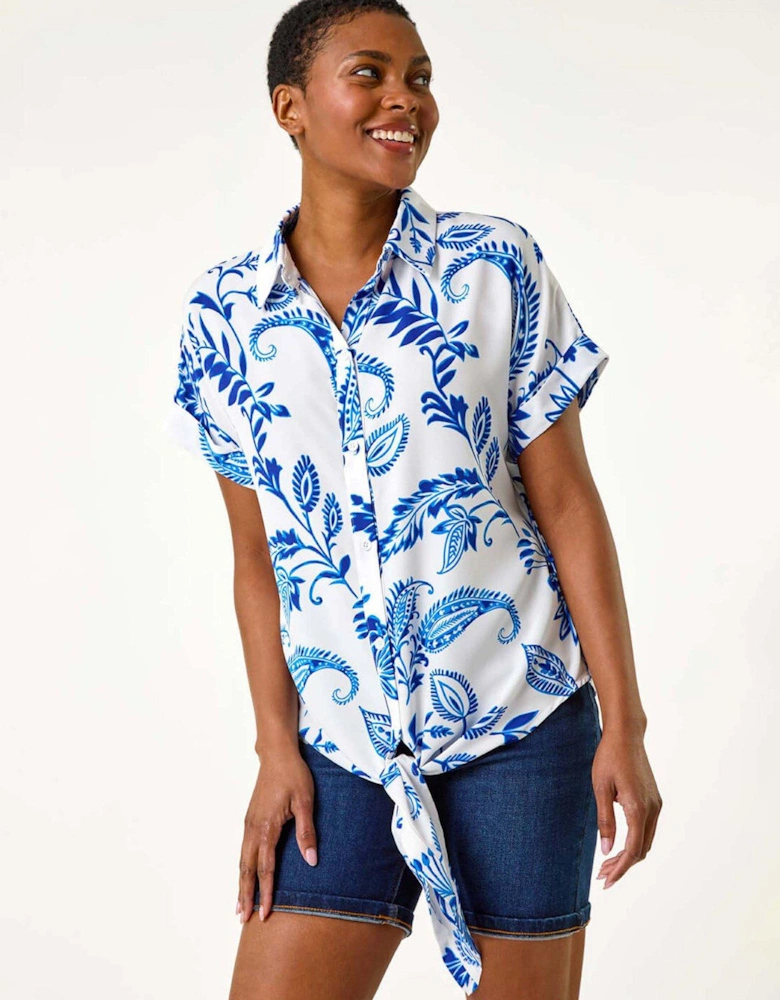 Paisley Leaf Print Tie Front Top