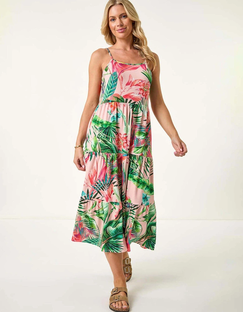 Petite Tropical Strappy Tiered Dress - Pink