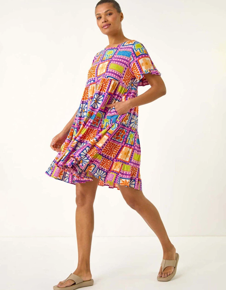 Tiled Tiered Frill Smock Dress - Pink