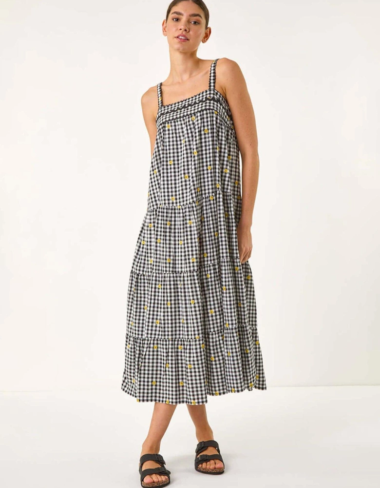 Gingham Embroidered Midi Dress - Black