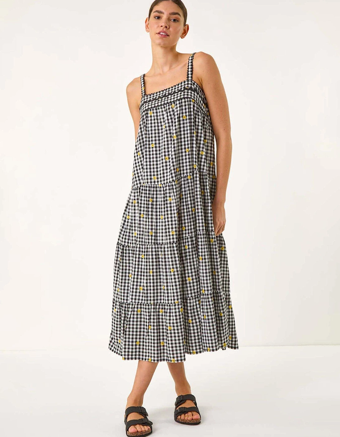 Gingham Embroidered Midi Dress - Black, 2 of 1