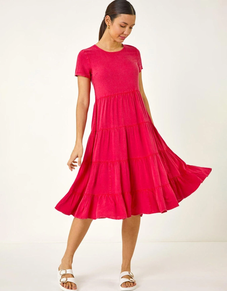 Frill Tiered Smock Midi Dress - Pink