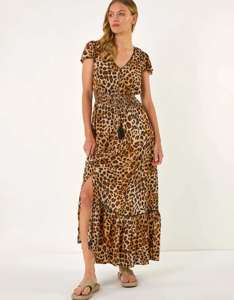 Animal Print Shirred Maxi Dress - Beige