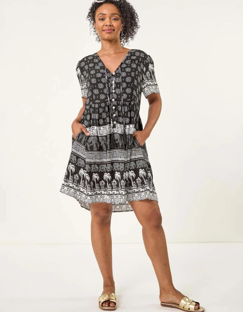 Petite Elephant Print Smock Dress - Black