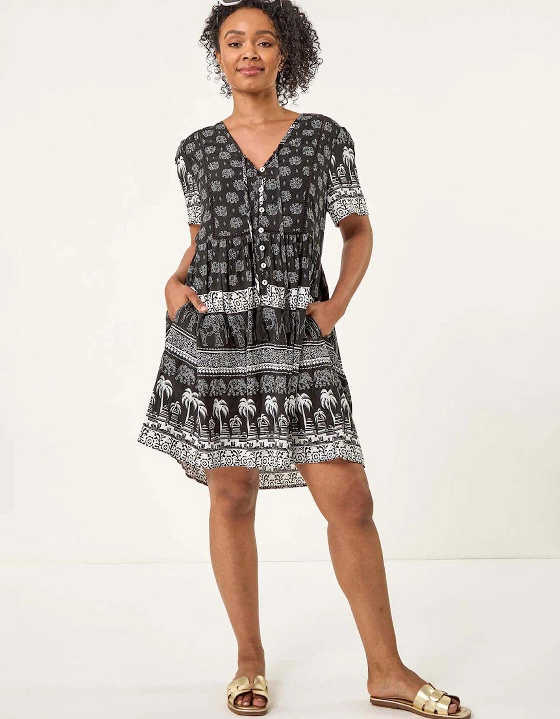 Petite Elephant Print Smock Dress - Black, 2 of 1