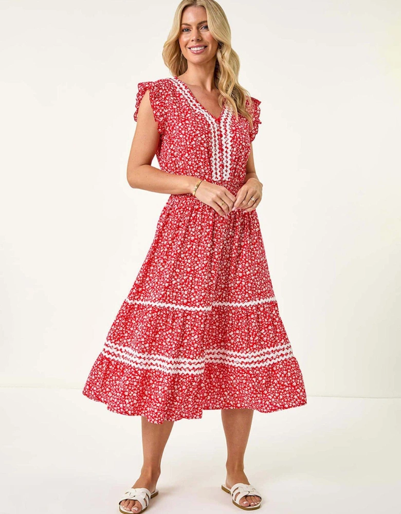 Petite Floral Print Ric Rac Midi Dress - Red