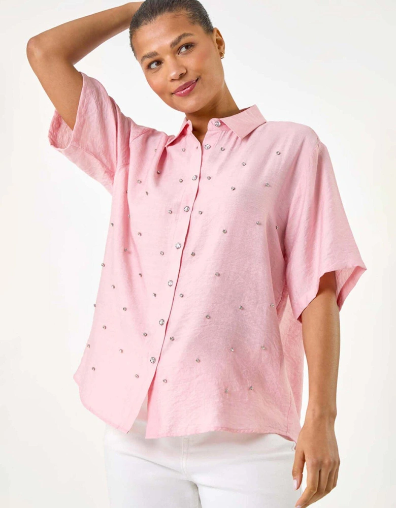 Rhinestone Button Detail Collar Blouse - Light Pink