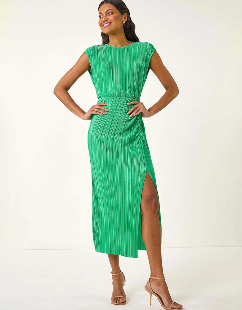 Plisse Cowl Back Midi Dress - Green