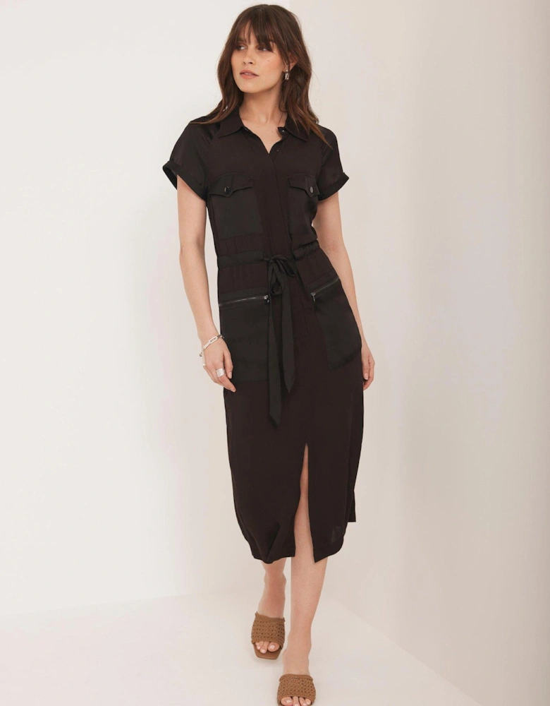 Satin Mix Utility Midi Dress