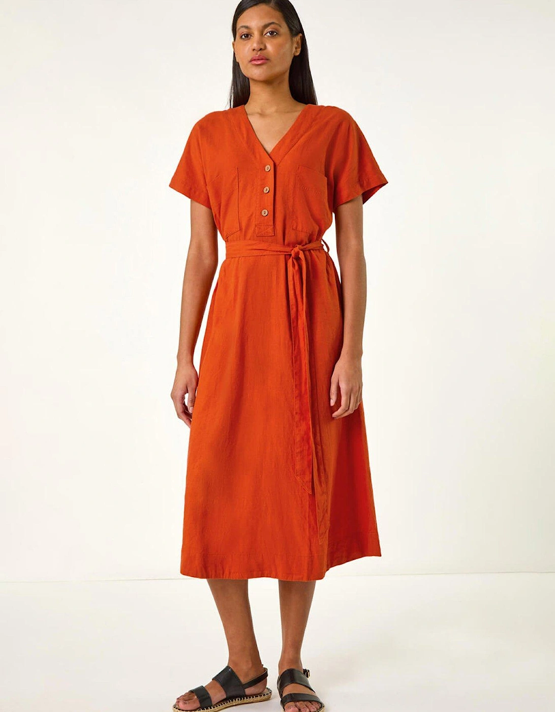 Button Linen Mix Midi Dress - Orange, 2 of 1
