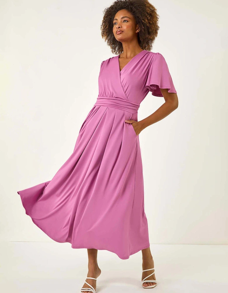 Tie Back V-neck Stretch Midi Dress - Purple