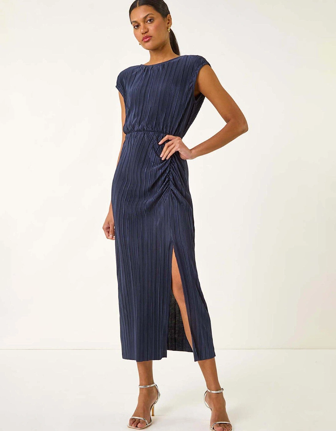 Plisse Cowl Back Midi Dress - Navy, 2 of 1