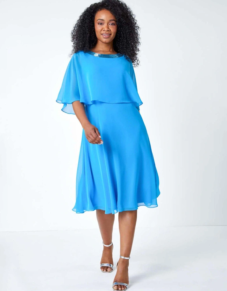 Petite Sequin Trim Chiffon Cape Dress - Blue