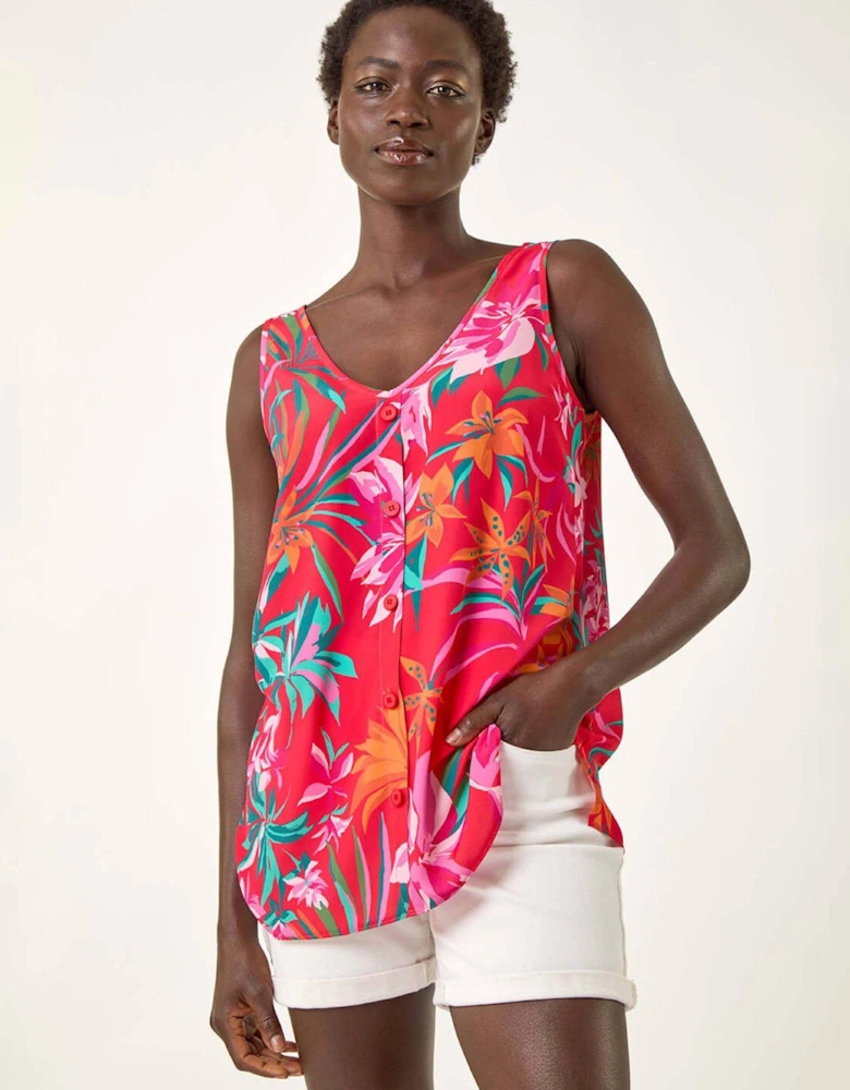Tropical Print V-Neck Button Cami Top - Red