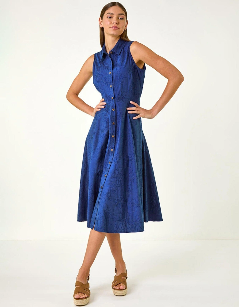 Embroidered Buttoned Midi Dress - Navy