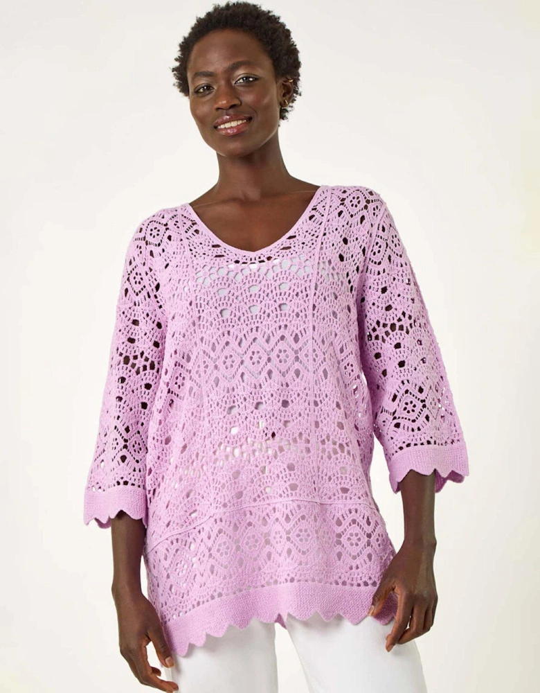 Crochet Scallop Edge Knit Tunic - Lavender