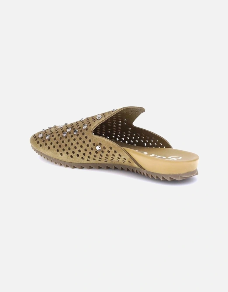 Suede Perforated Mules with Rhinestones Women - Beige Sandals