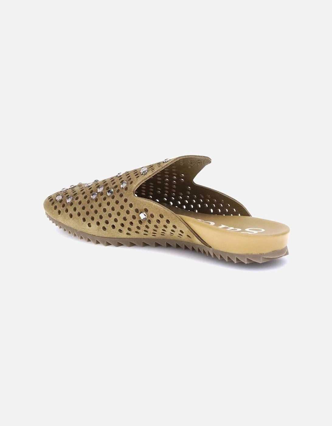Suede Perforated Mules with Rhinestones Women - Beige Sandals