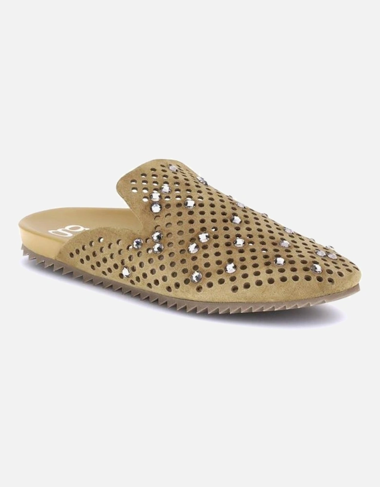 Suede Perforated Mules with Rhinestones Women - Beige Sandals