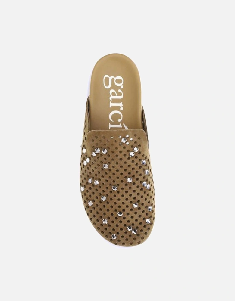 Suede Perforated Mules with Rhinestones Women - Beige Sandals