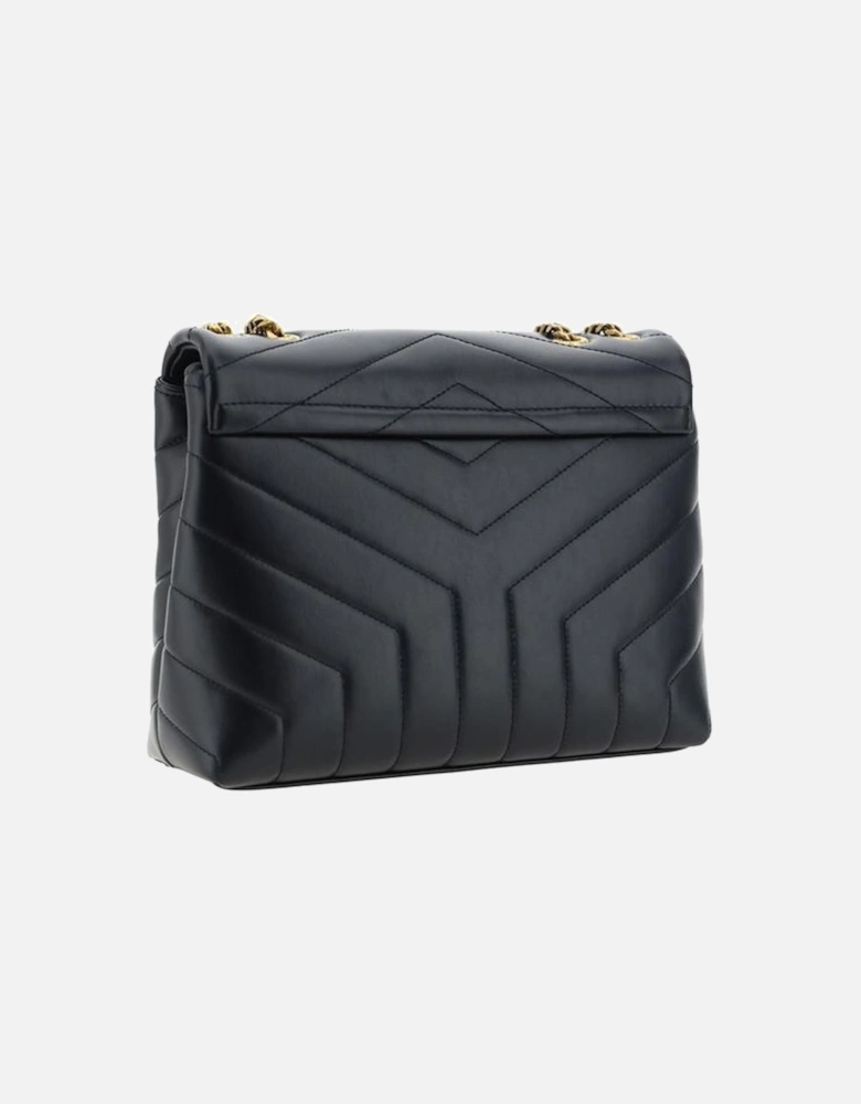 Leather Quilted Chevron Shoulder Bag with Chain Strap Women - Black