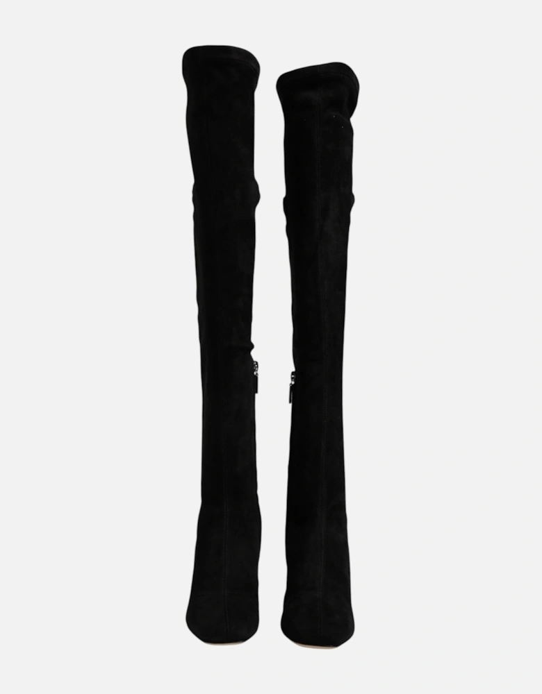 Suede Knee High Leather Boots with Zipper Women - Black
