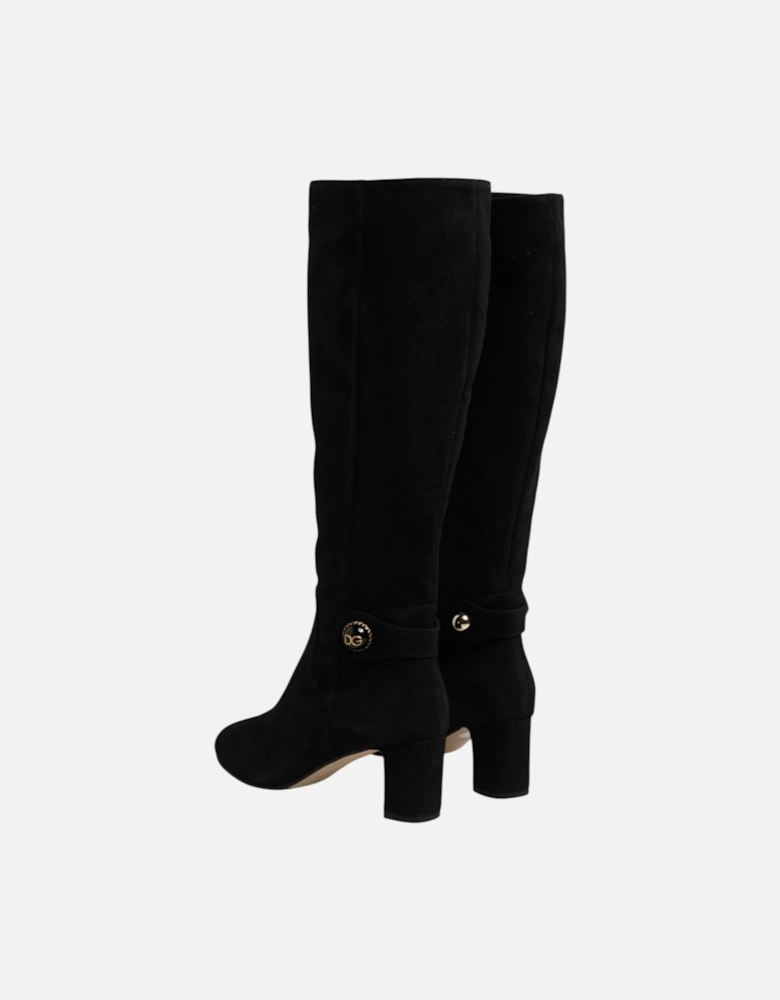 Suede Knee High Leather Boots with Zipper Closure Women - Black