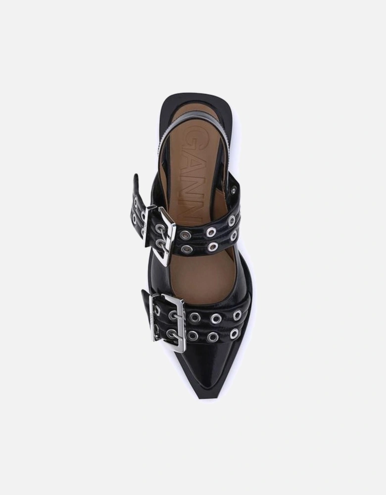 Pointed Toe Ballerinas with Straps and Block Heels Women - Black Shoes