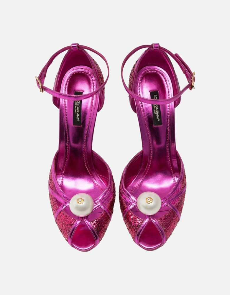 Patent Calfskin Sandals with Glitter and Pearl Details Women - Fuchsia