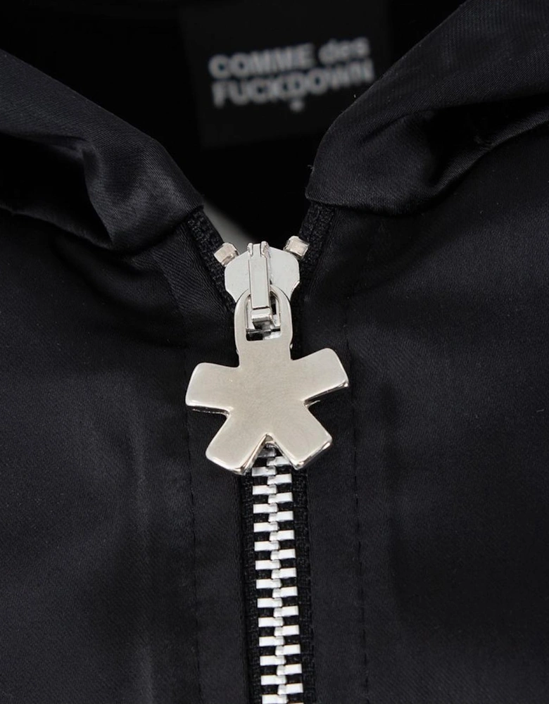 Satin Hooded Jacket with Zipper and Logo Hem Women - Black Sweaters