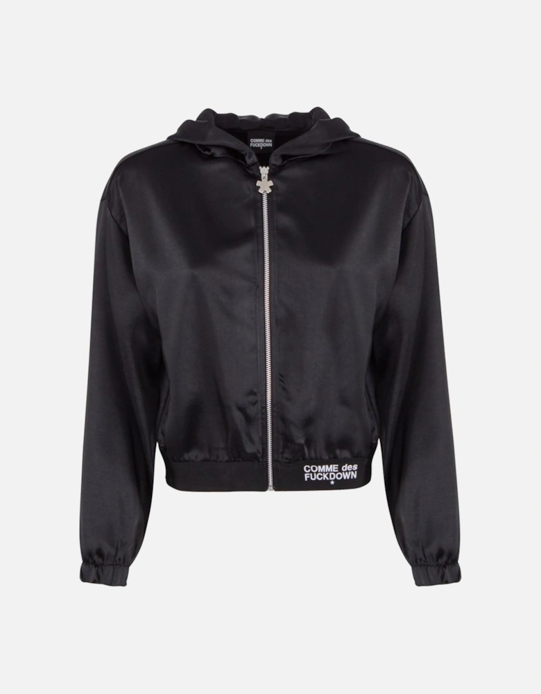 Satin Hooded Jacket with Zipper and Logo Hem Women - Black Sweaters