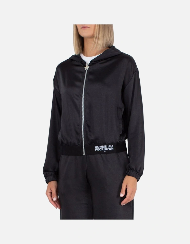 Satin Hooded Jacket with Zipper and Logo Hem Women - Black Sweaters