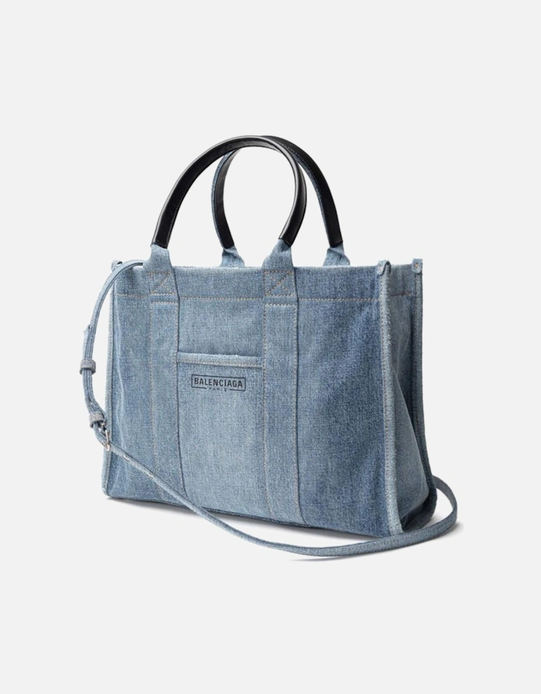 Denim Hardware Tote Handbag with Leather Handles Women - Blue Sweaters