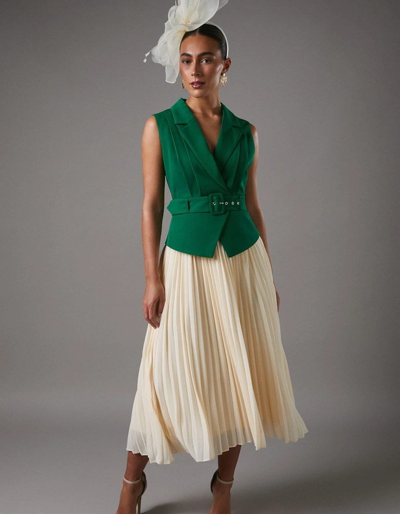 Sleeveless Crepe Midi Dress With Chiffon Pleated Skirt