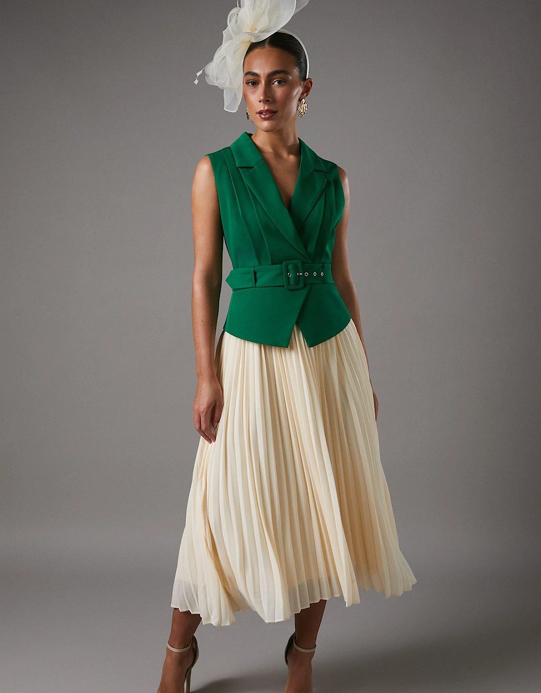 Sleeveless Crepe Midi Dress With Chiffon Pleated Skirt, 2 of 1