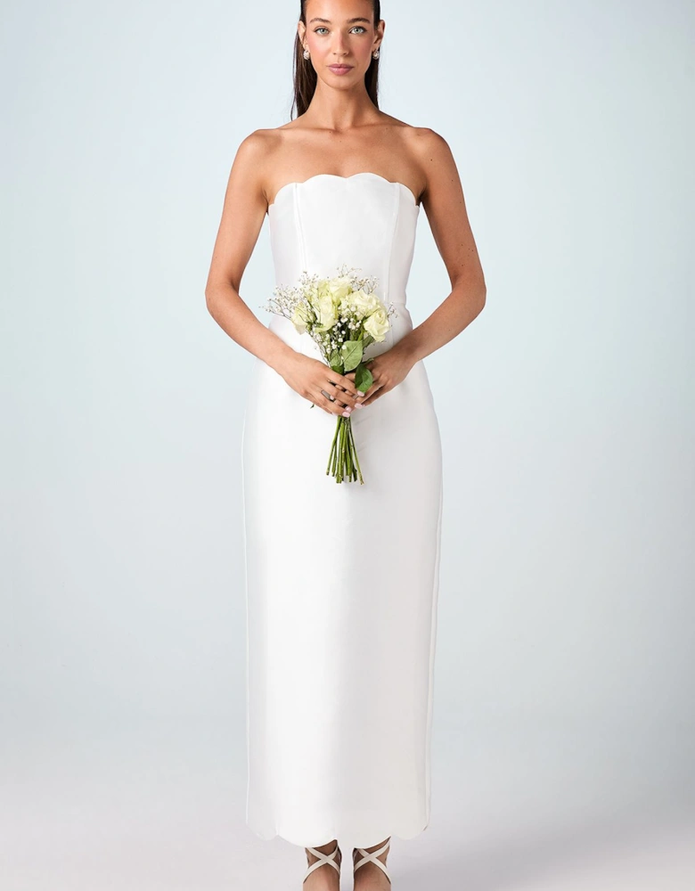 Scallop Detail Twill Column Bridal Dress