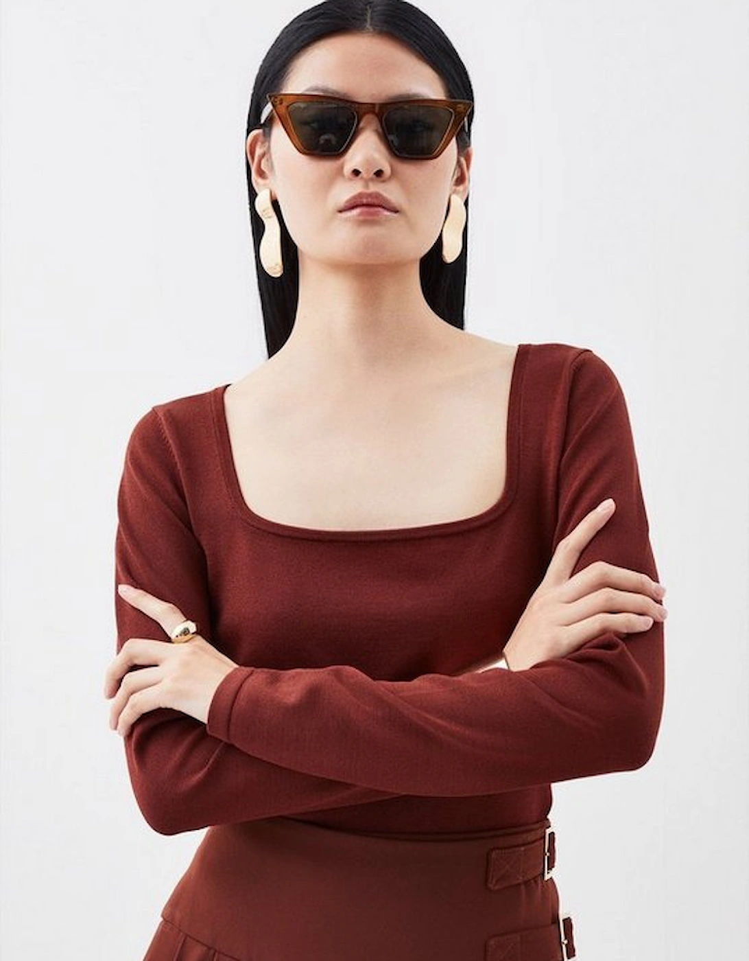 Viscose Blend Square Neck Figure Form Knitted Top, 5 of 4
