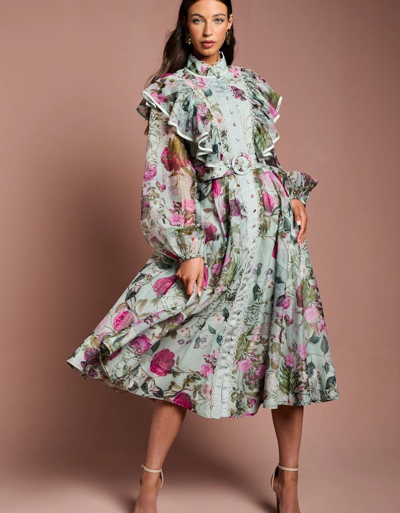 Long Sleeve Printed Organza Shirt Dress