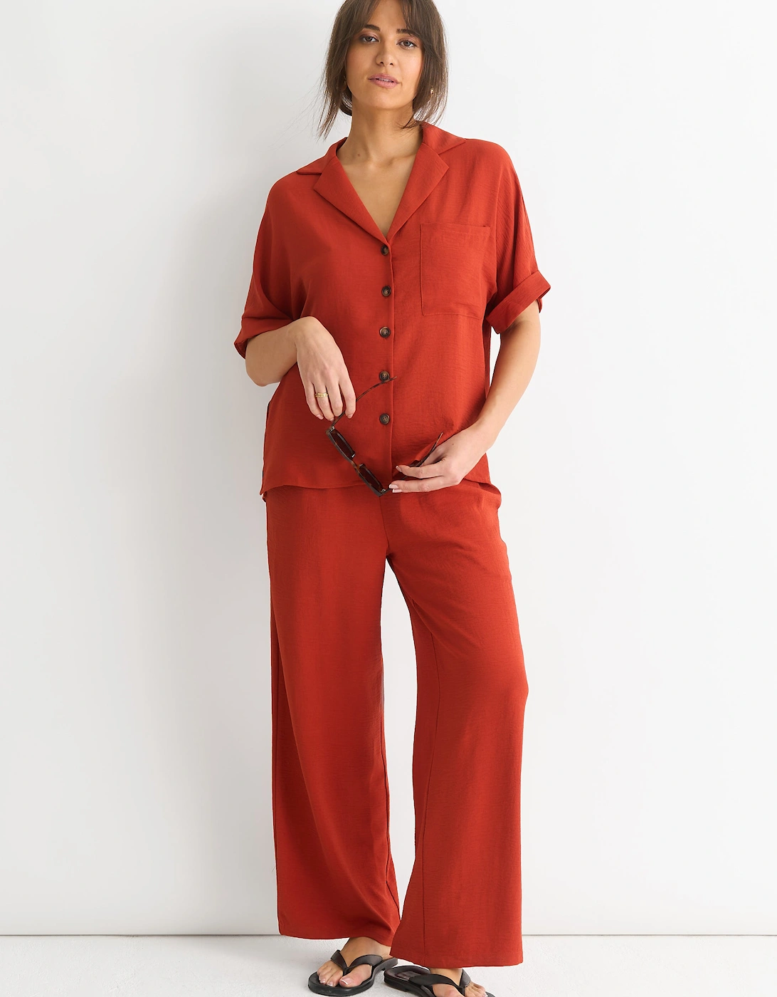 Gini London Women's Rust Elastic Waist Wide Leg Trousers - Red/Orange/Brown - Size: 8/10