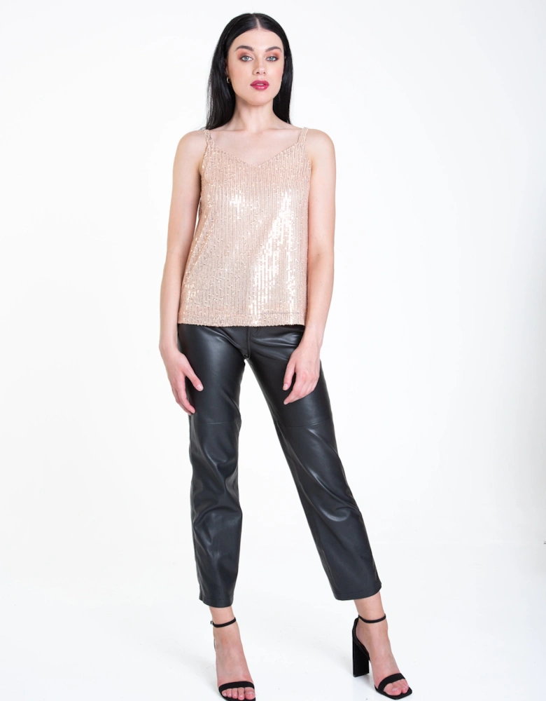 Champagne Sequin V Neck Cami Top