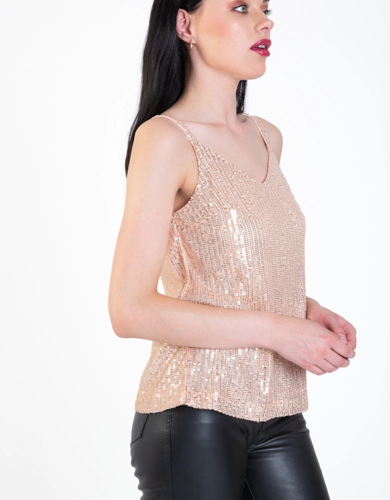 Champagne Sequin V Neck Cami Top