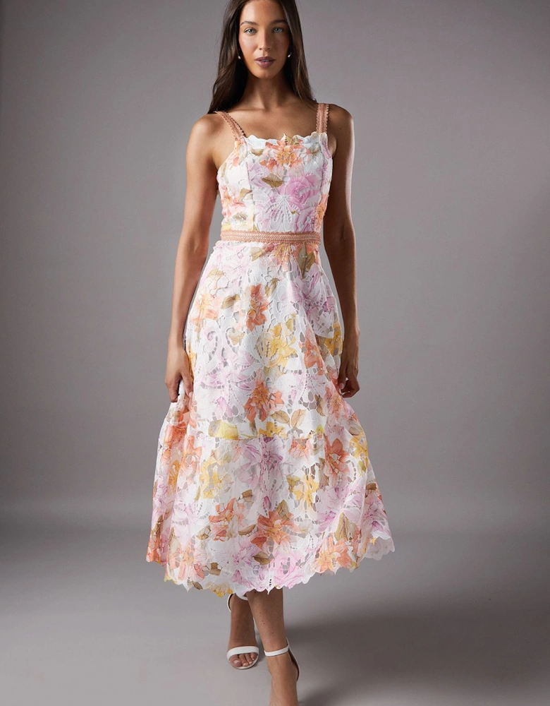 Printed Lace Strappy Midi Dress