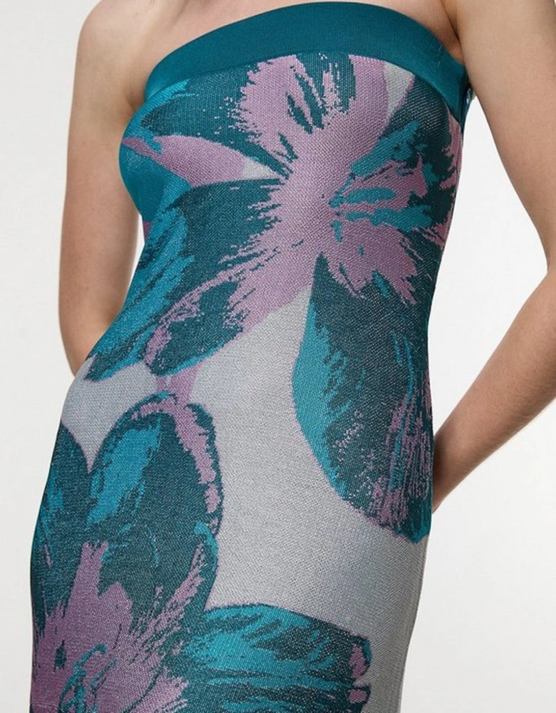 Placement Floral Jacquard Slinky Knit Bandeau Midi Dress