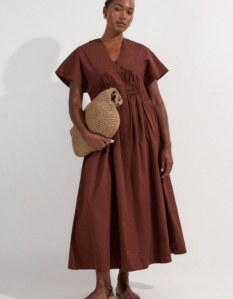 Plus Size Shirred Cotton Woven Plunge Neck Short Sleeve Maxi Dress
