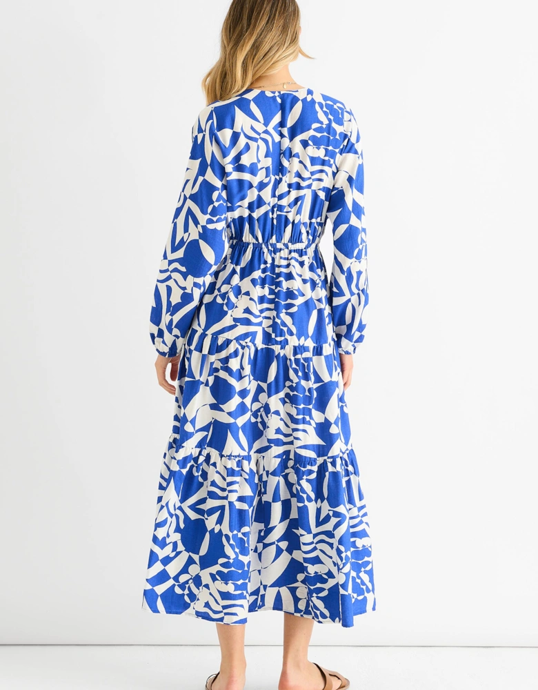 Blue Abstract Wrap Elasticated Waist Midaxi Dress