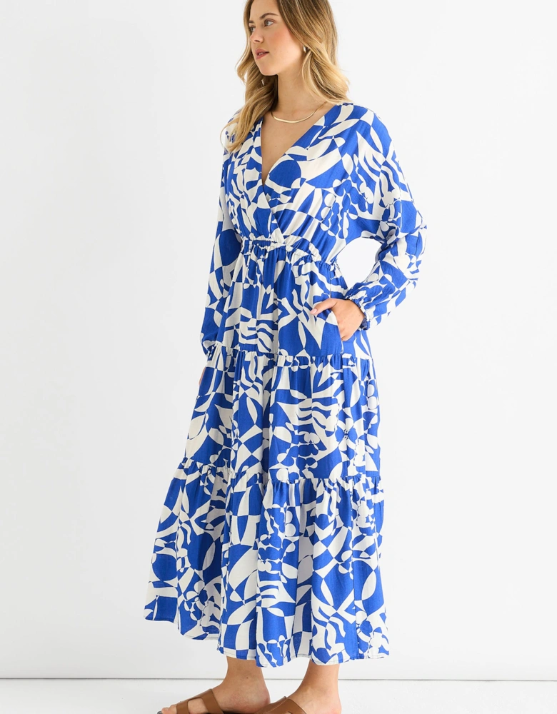 Blue Abstract Wrap Elasticated Waist Midaxi Dress