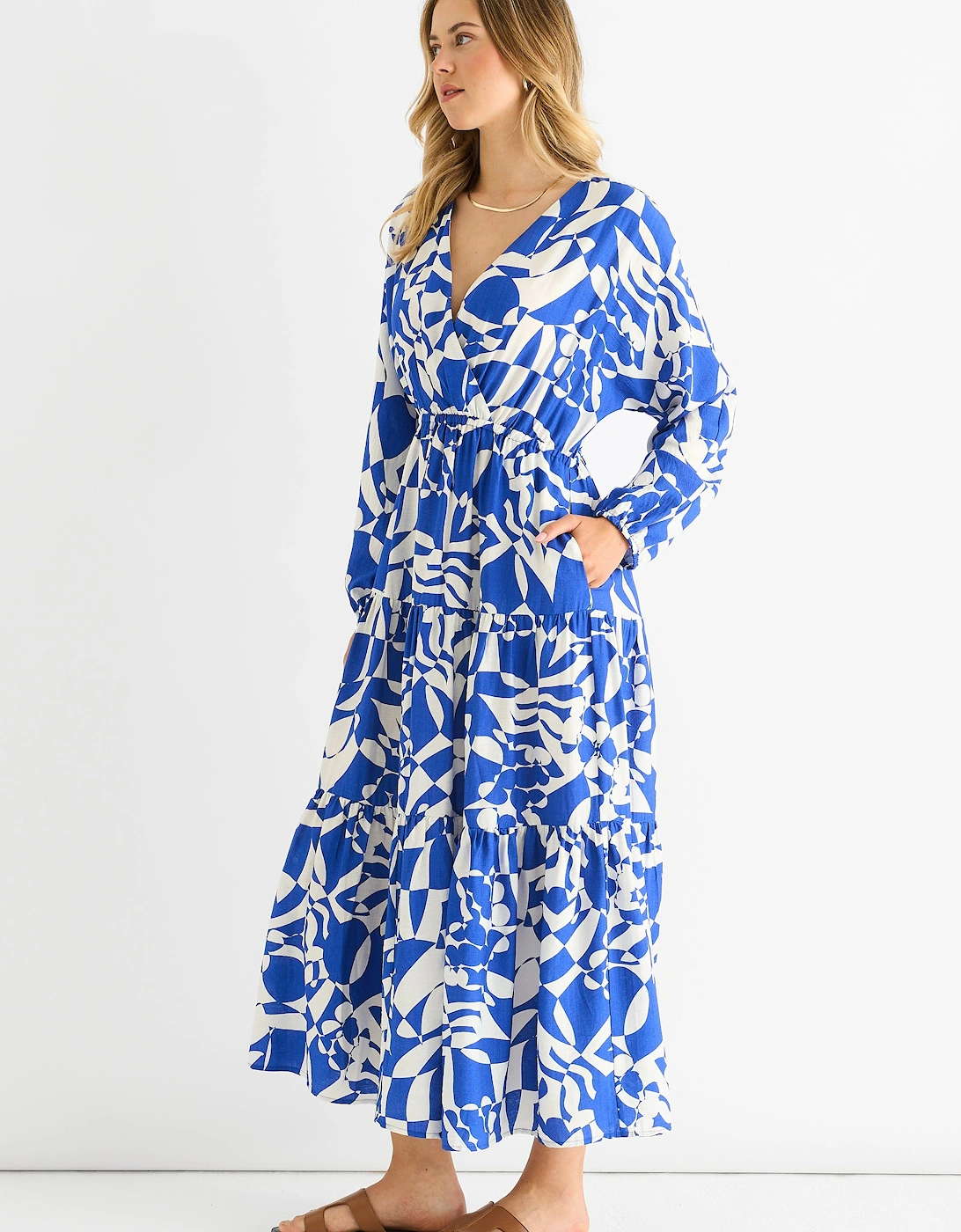 Blue Abstract Wrap Elasticated Waist Midaxi Dress