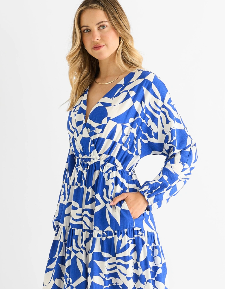 Blue Abstract Wrap Elasticated Waist Midaxi Dress